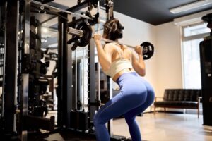 ジムで下半身ダイエットのためにスクワットをしている女性
